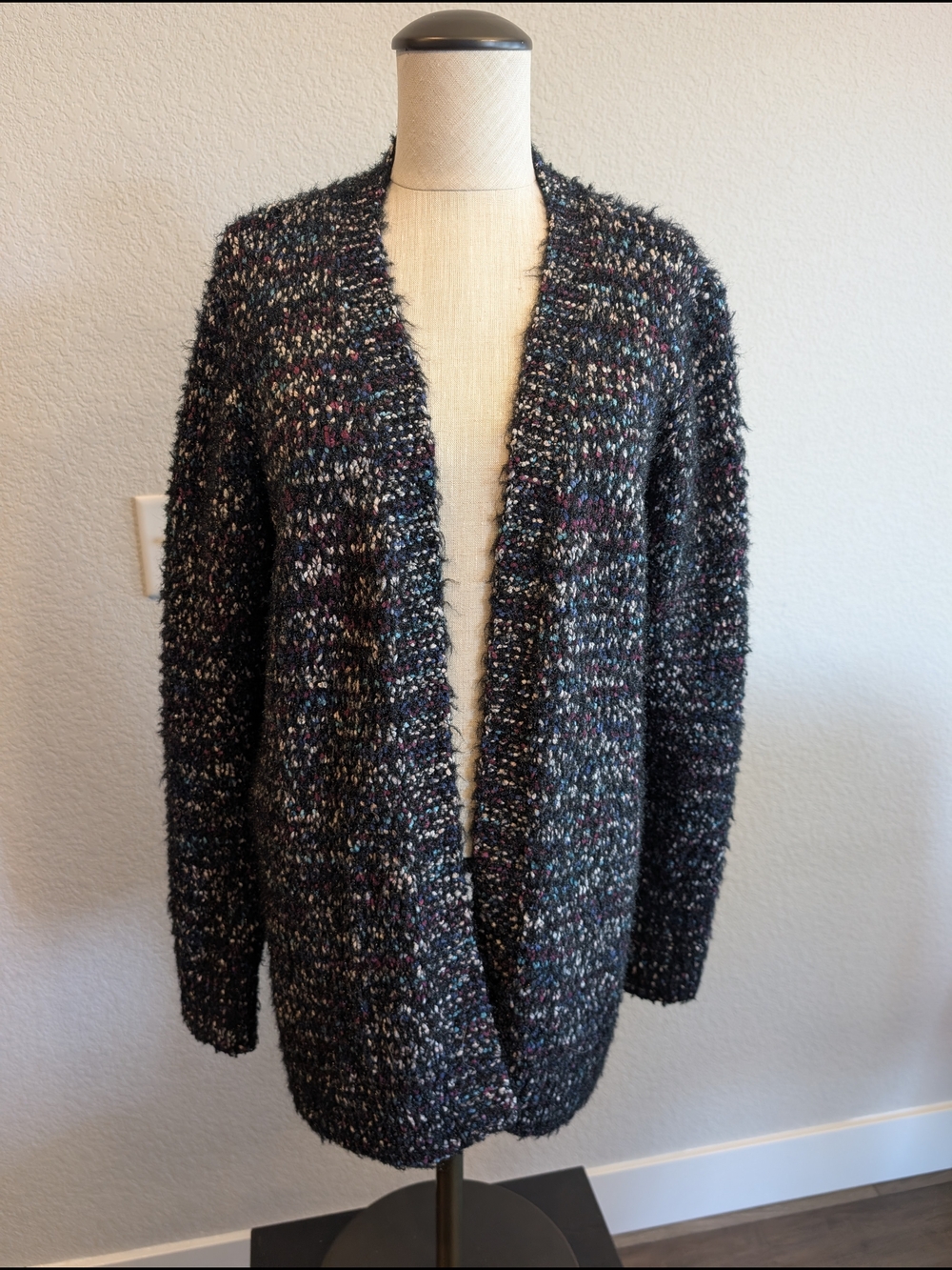 Christopher & Banks Sz M Charcoal Tweed Open-Front Cardigan w/ Multicolor Flecks